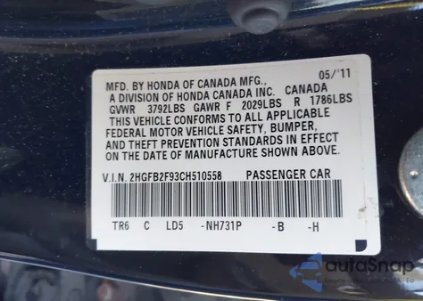 2012 Honda Civic z USA, uszkodzony, nr VIN 2H6FB2F93CH510558